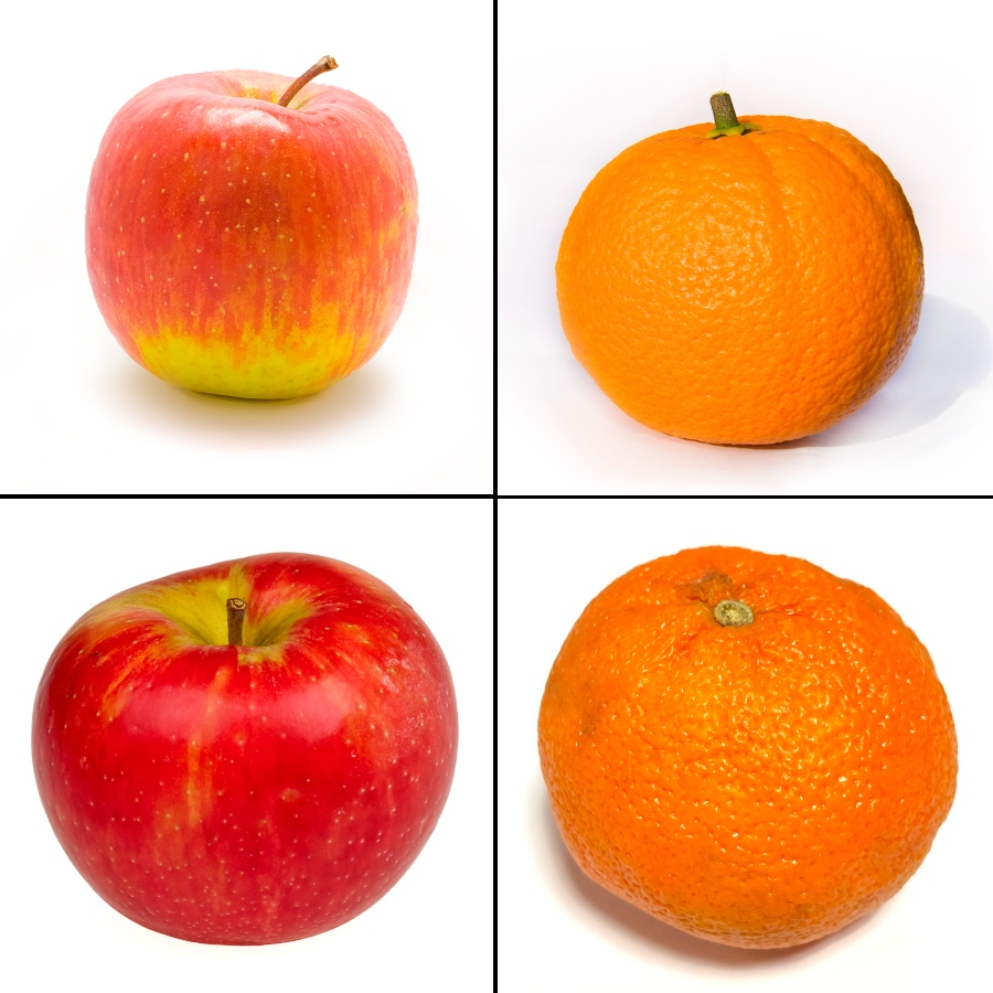 Collage of two red apples and two oranges arranged diagonally against a white background