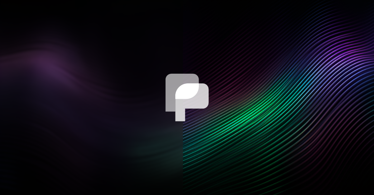 Abstract background with green and purple wave pattern and a prominent central 'P' symbol