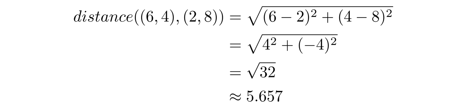 Mathematical equation solving for distance between points (6,4) and (2,8), resulting in approximately 5.657