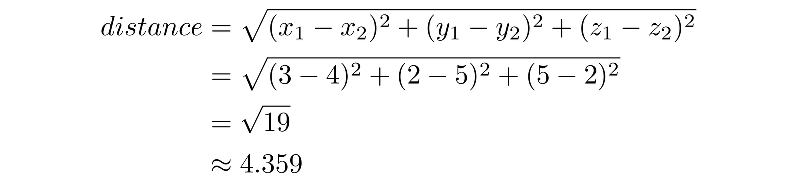 Mathematical expression illustrating the distance formula with specific values, resulting in a final approximate value of 4.359