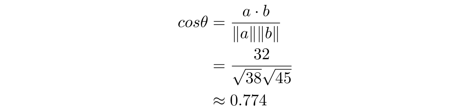 Mathematical equation on white background showing calculation of cosθ as (a·b)/√(38V45), result approximately 0.774