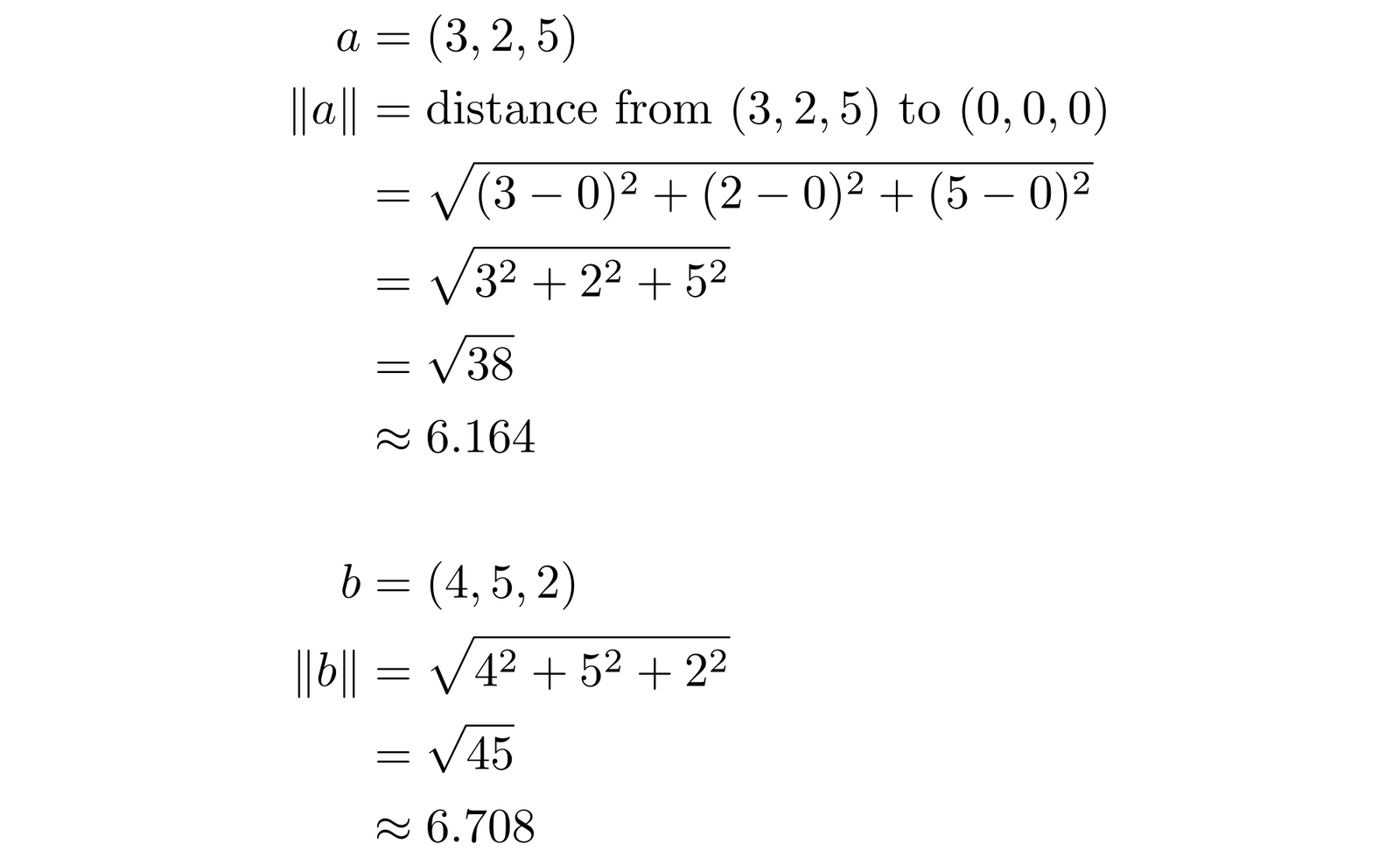 Mathematical equations in white on a yellow background calculate distances from points (3,2,5) and (4,5,2) to the origin