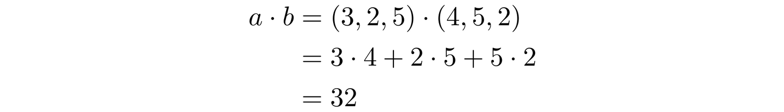 Mathematical equations showing the dot product of vectors (3, 2, 5) and (4, 5, 2) with calculated steps