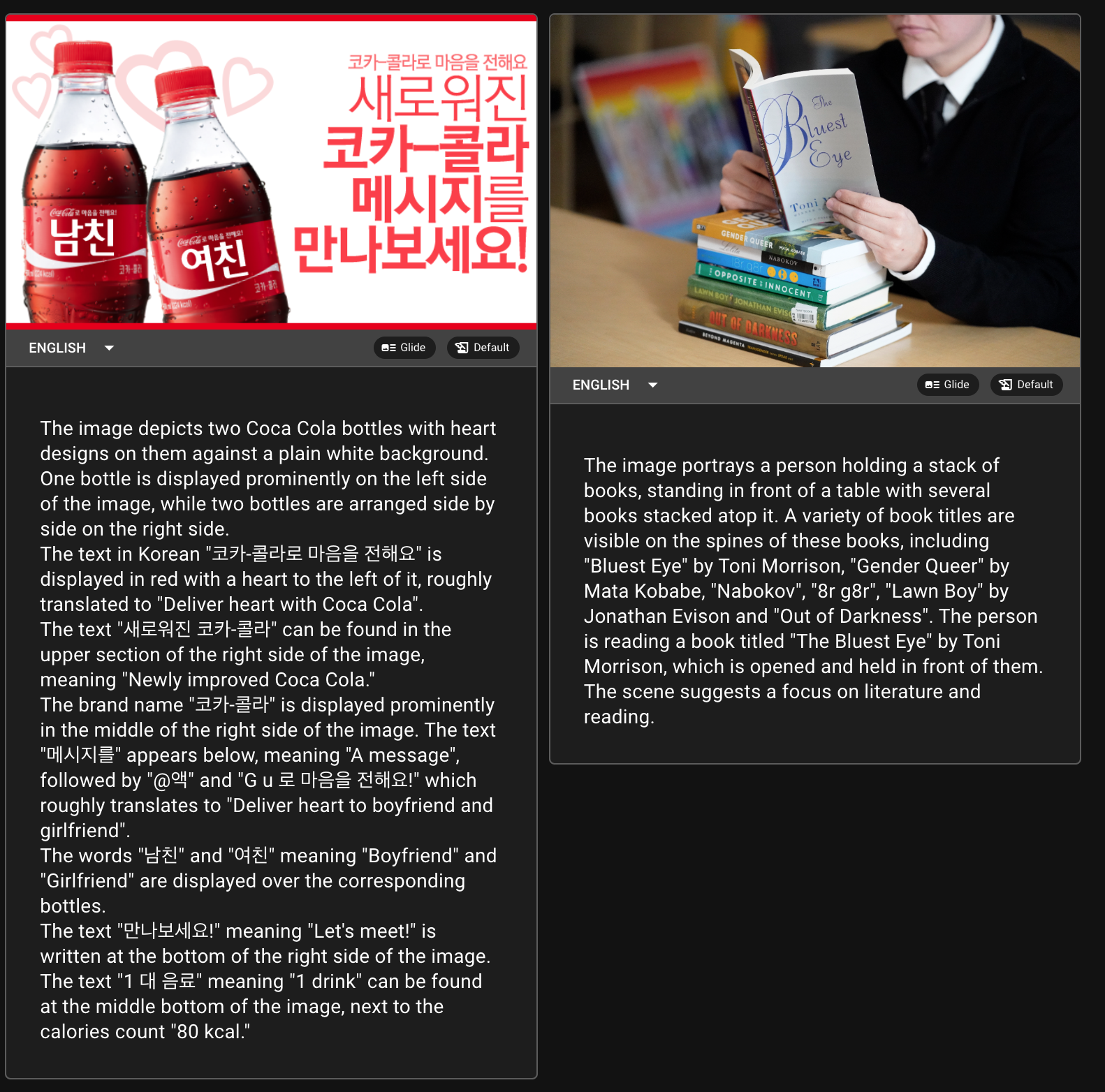 Multilingual learning app with Coca-Cola bottles and a person reading, including Korean and English text elements