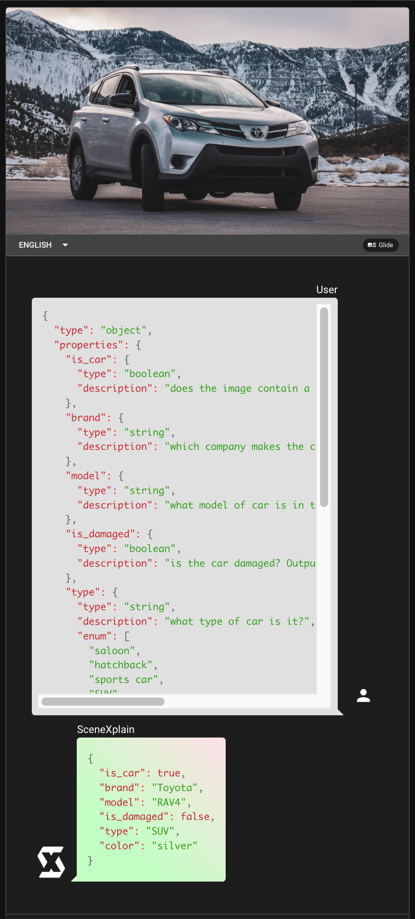 Code interface of SceneXplain in English and Chinese with car properties; code outputs include a silver Toyota RAV4 SUV with no damage