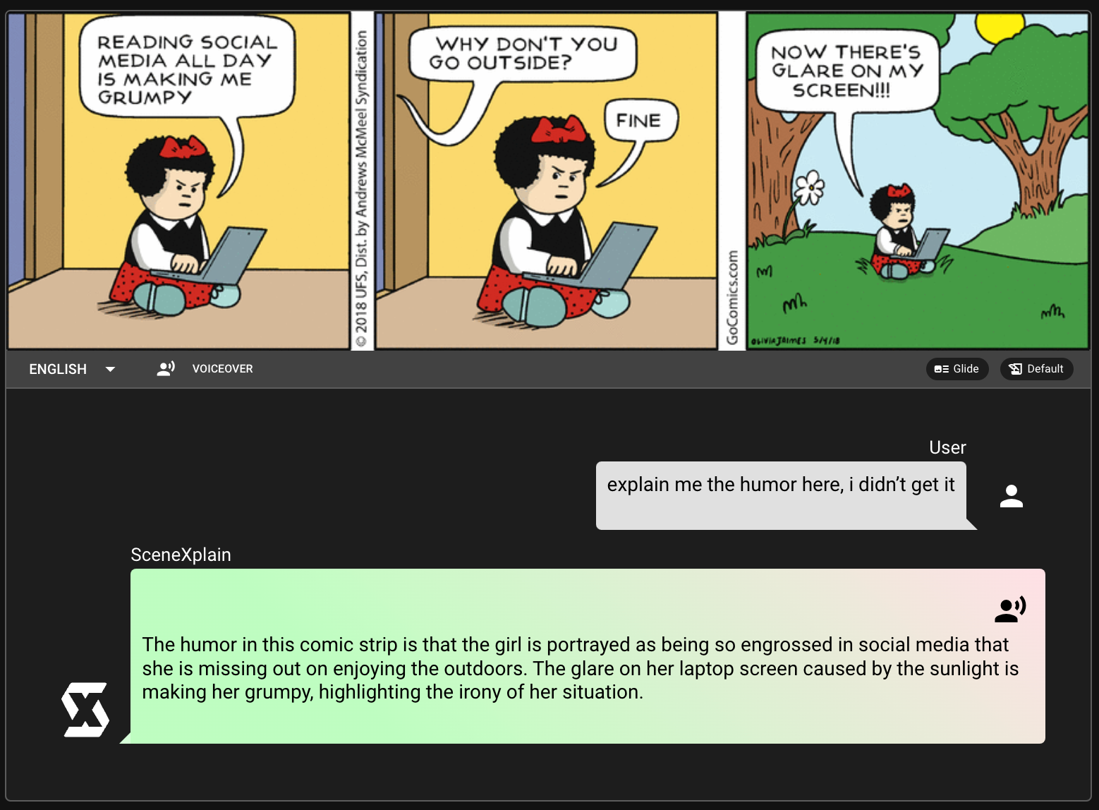 Webcomic on dark mode interface with panels: girl grumpy at social media, suggested to go outside, complains of screen glare