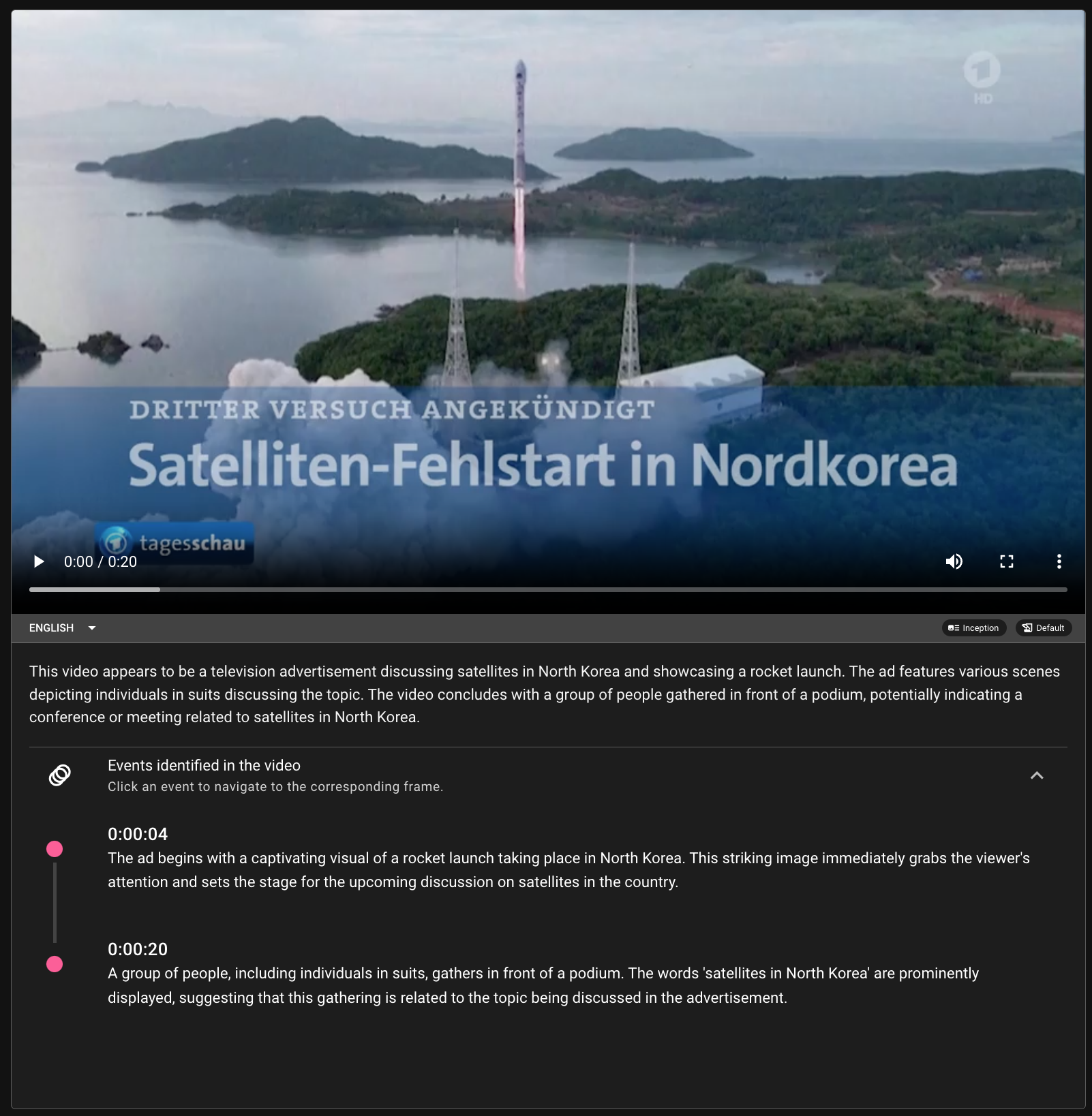 Screenshot of a video player with "Satelliten-Fehlstart in Nordkorea" title, broadcasted by ARD, including English and German subtitles