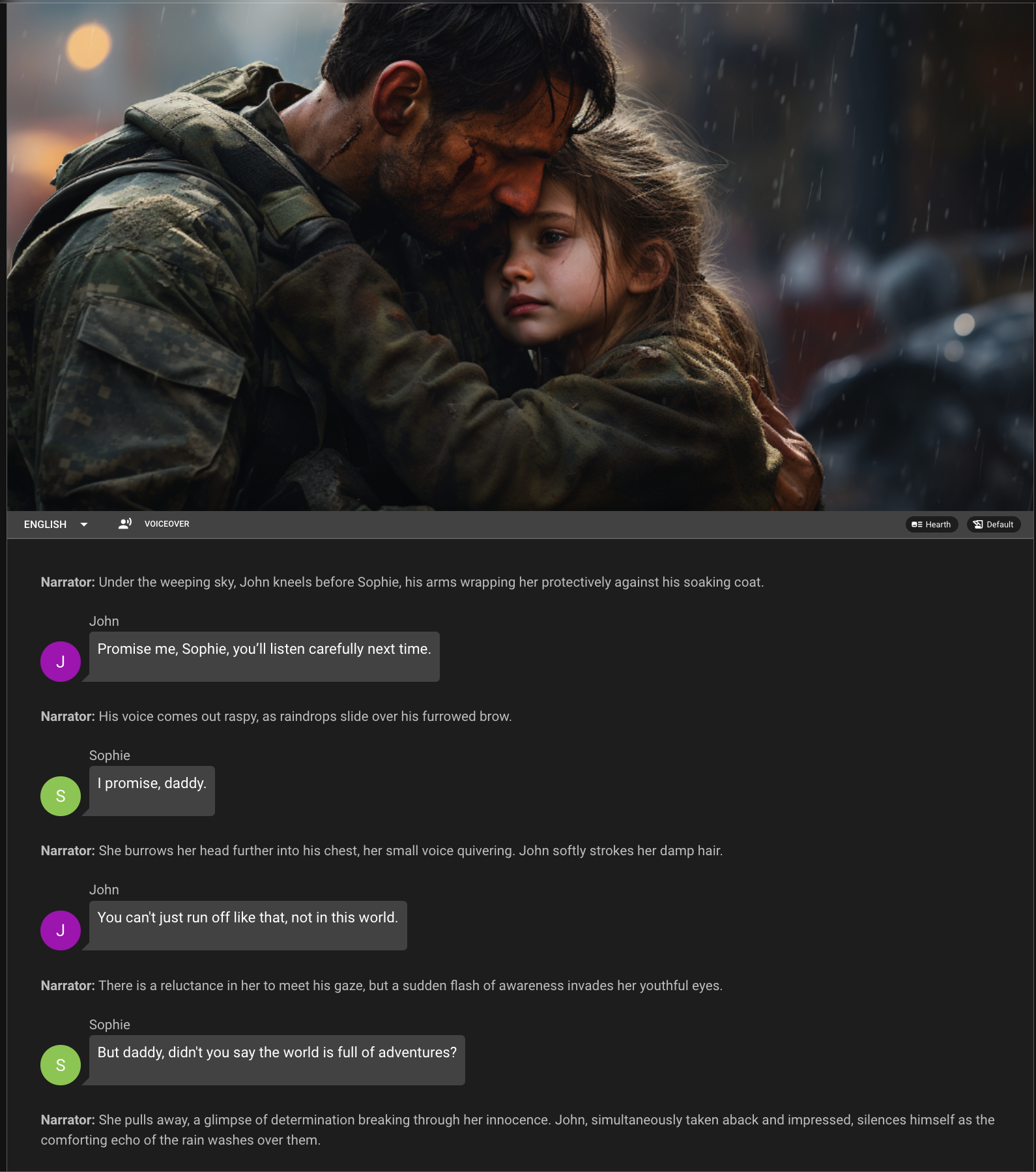 Movie screenshot with subtitled scene of John protecting Sophie in the rain, conveying an emotional and tense narrative moment