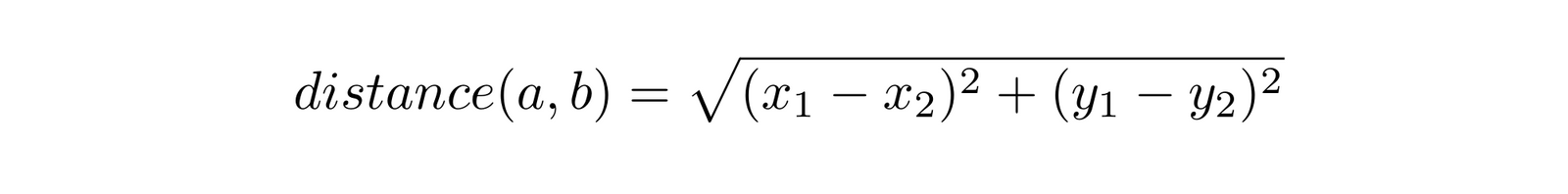 Mathematical distance formula written on a board: "distance(a, b) = sqrt[(x1 - x2)² + (y1 - y2)²]"