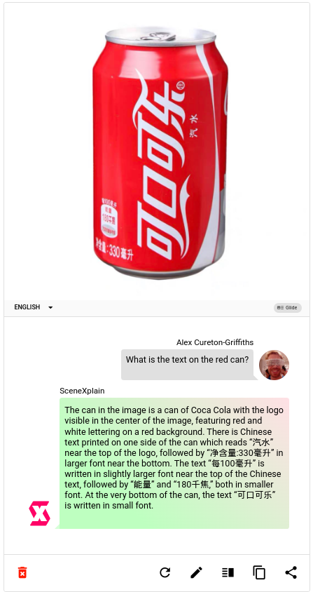 Instagram screenshot showing a tweet by @Alex Cureton-Griffiths with a red Coca-Cola can and detailed bilingual descriptions