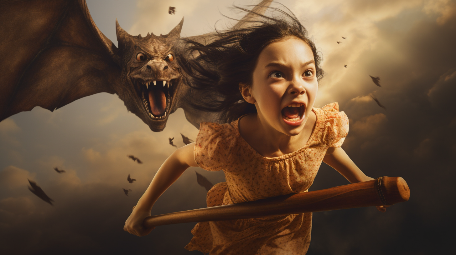 Frightened young girl in a yellow dress running from a flying dragon with bats against a cloudy sky