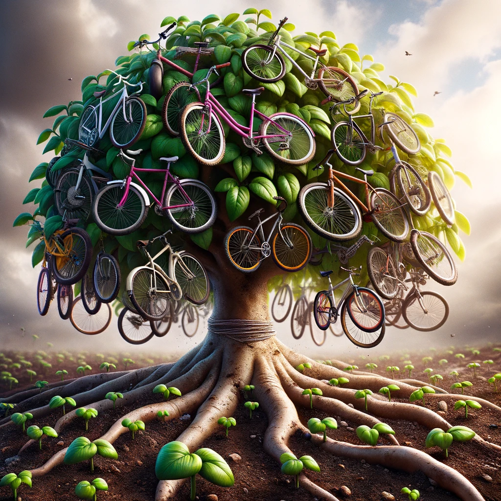 Creative display of colorful bicycles artistically mounted on a large tree with extended roots in an open field