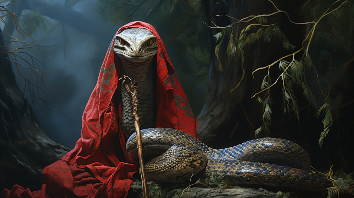 Fantastical serpent with a red cloak and golden staff in a mystical forest setting, evoking a sense of legend