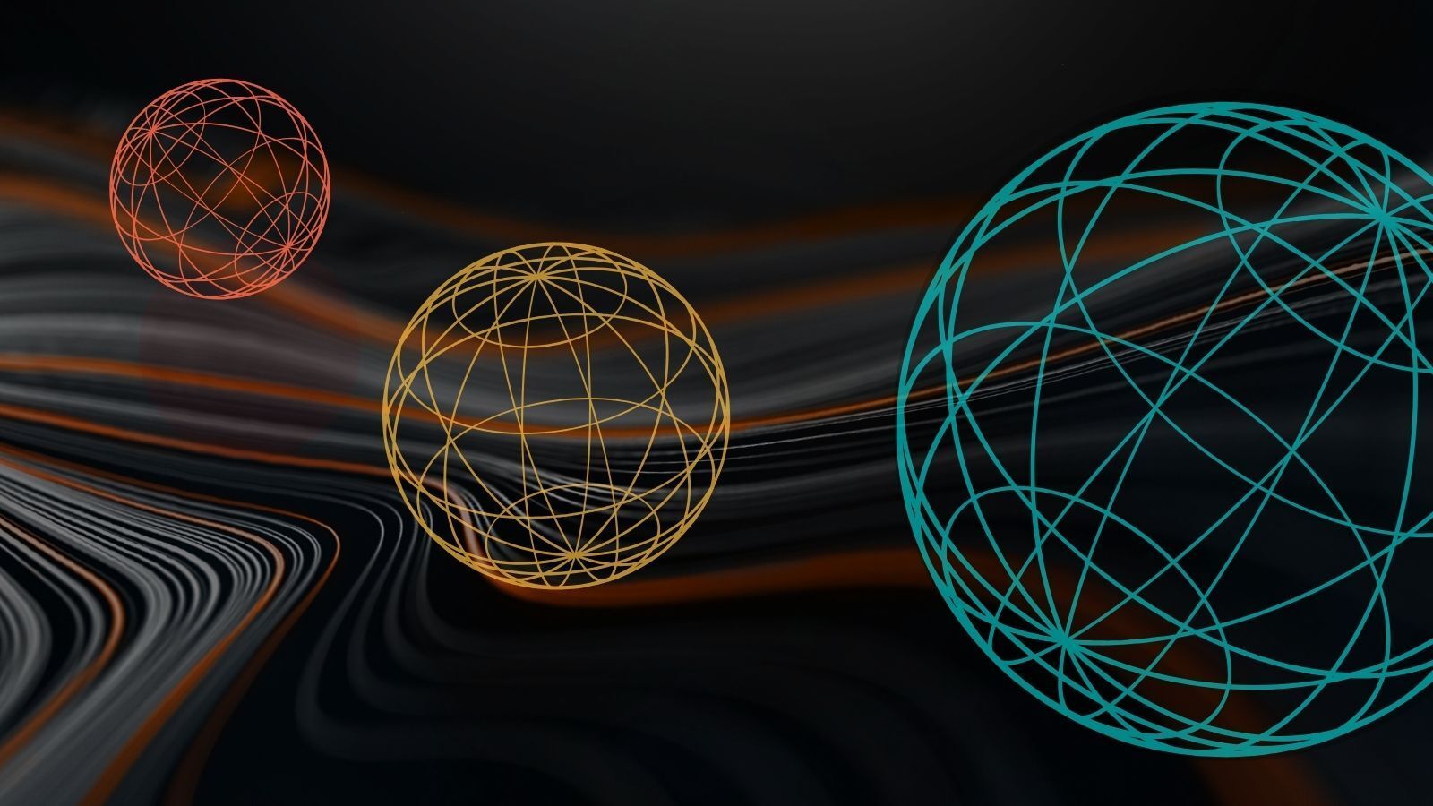 Abstract wallpaper with three colored wireframe spheres on a dark, rippling background, conveying a sci-fi mood