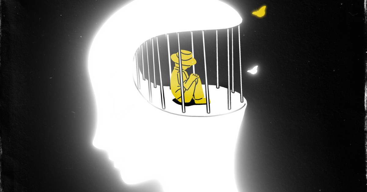 Silhouette of a human head with a sad figure in yellow trapped inside, against a black background, with a butterfly element