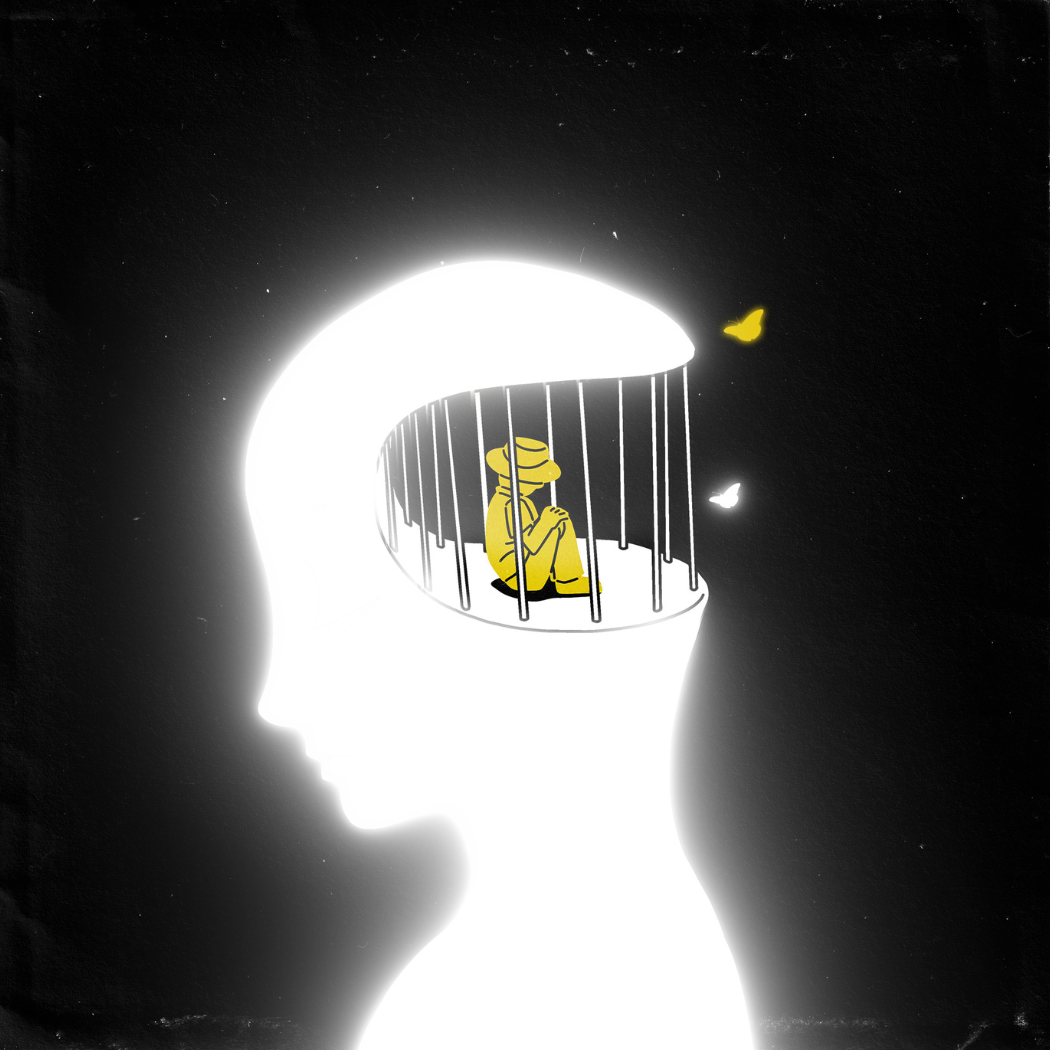 Profile of a head showing a small, caged figure inside, with a yellow bird and a surreal, melancholic atmosphere