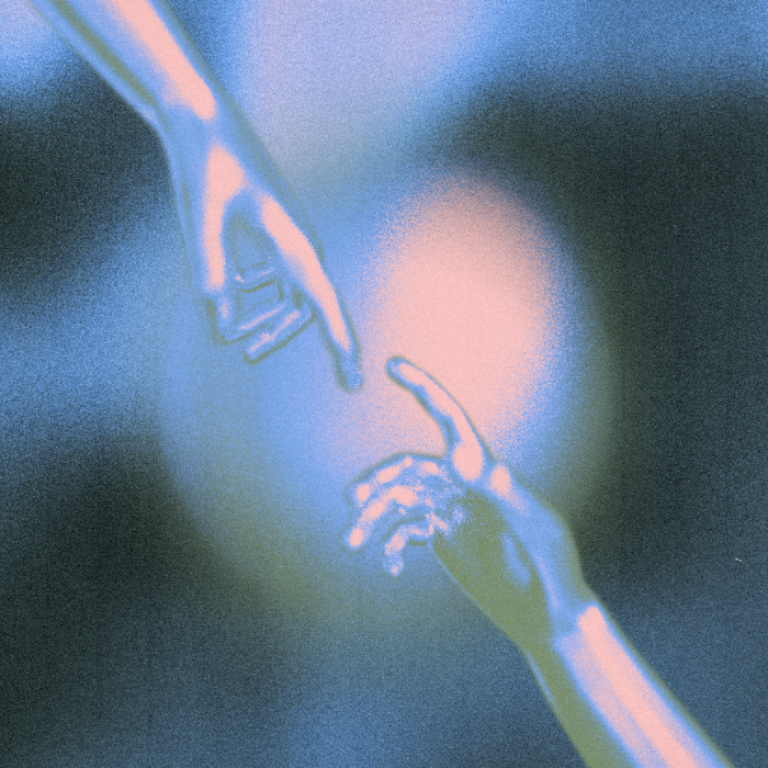 Artistic depiction of two hands reaching towards each other with dramatic blue and pink lighting, alluding to Michelangelo's 'The Creation of Adam'