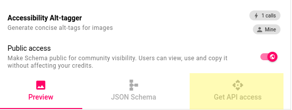 User interface of Accessibility Alt-tagger with options for Public access, Preview, JSON Schema, and Get API access highlighted