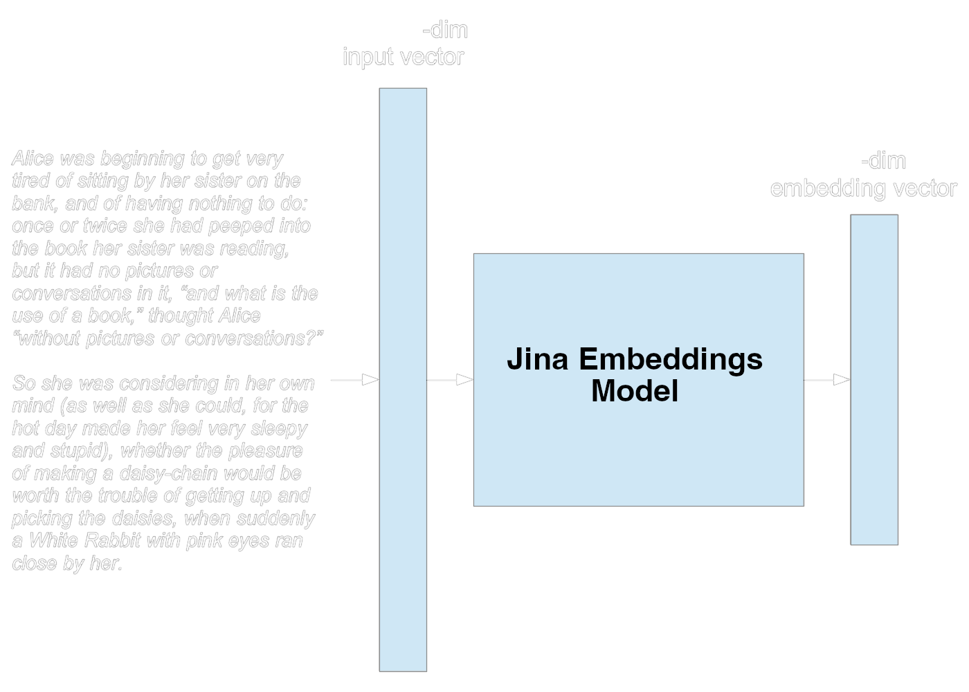 Diagram of Jina Embeddings Model with text from "Alice in Wonderland" and labeled curves for input and embedding vectors