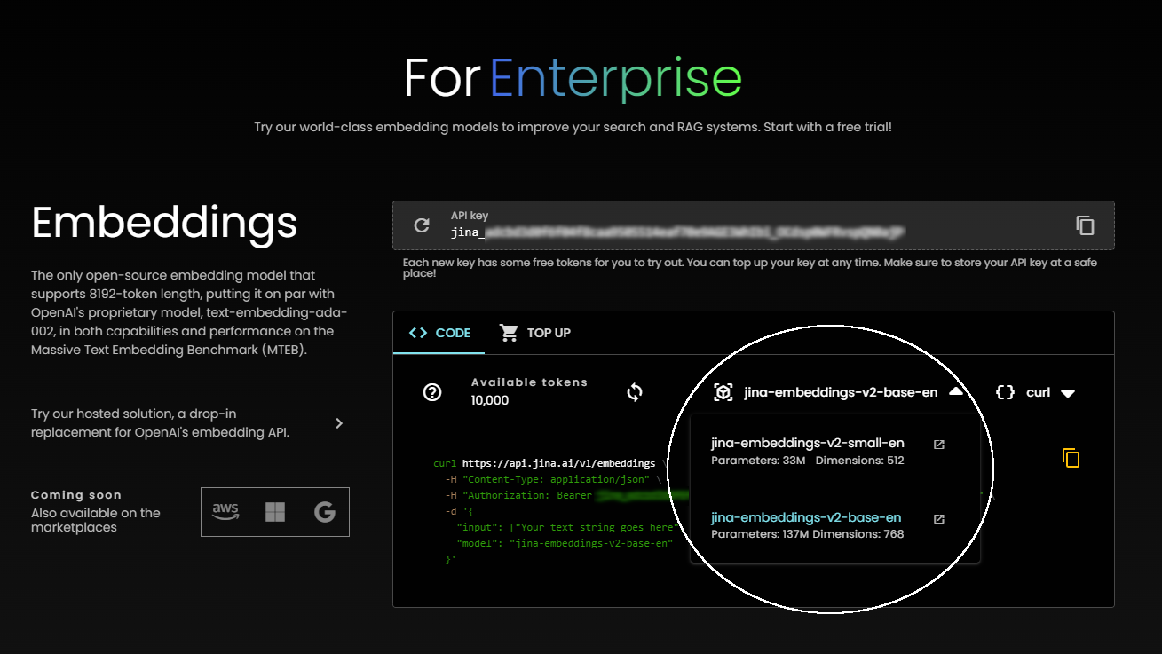 Screenshot of the ForEnterprise API integration page, highlighting world-class embedding models, key creation, and the announcement for future features