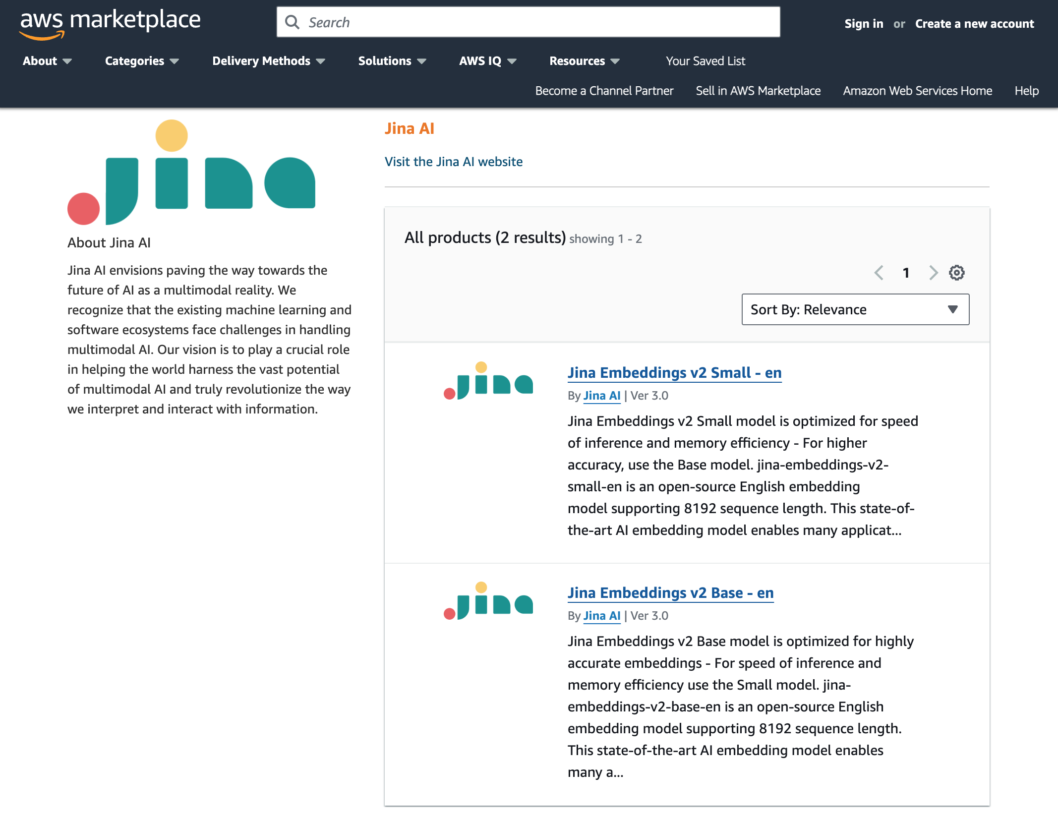 AWS Marketplace page for Jina AI with search options, product listings, and descriptions of two Jina Embeddings models