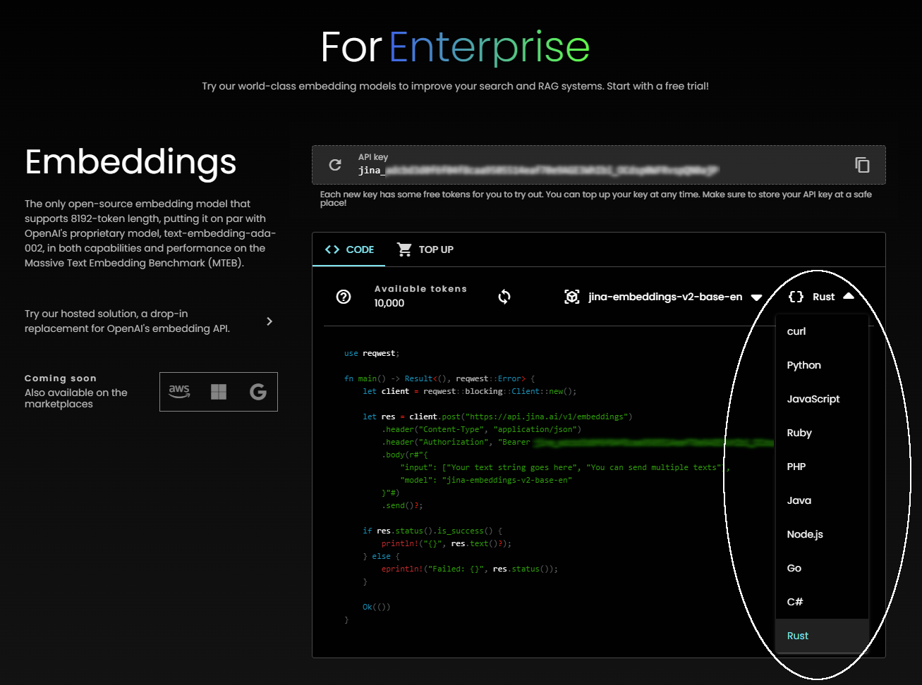 Dark mode web interface of "ForEnterprise" showing embedding models for technologies like Rust and Python with a free trial offer