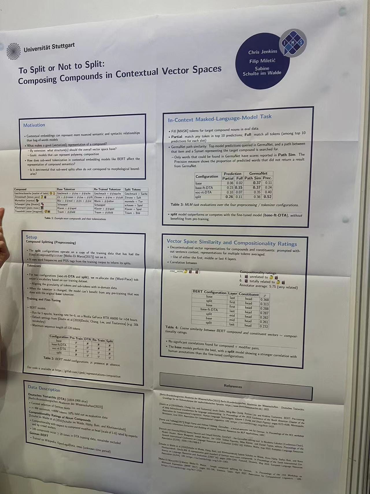 Academic poster titled "To Split or Not to Split," on vector spaces with graphs and tables, by authors including Chris Jenkins at a conference
