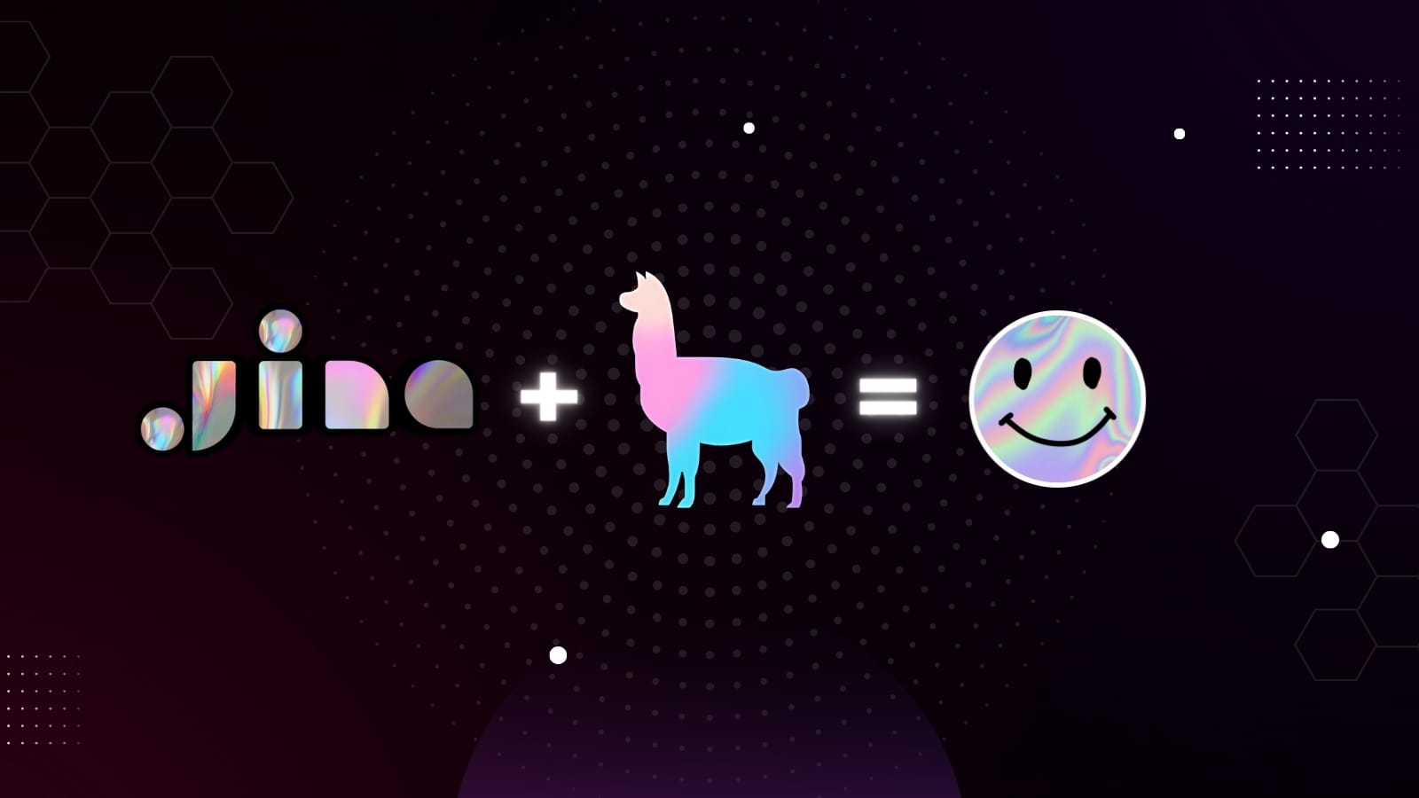 Black and dark purple hexagon-patterned background with central icons including a llama and emoticons, flanked by technology 
