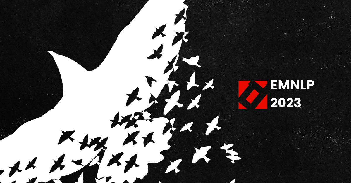 White birds in flight on a black background with a red and white "EMNLP 2023" logo on the right