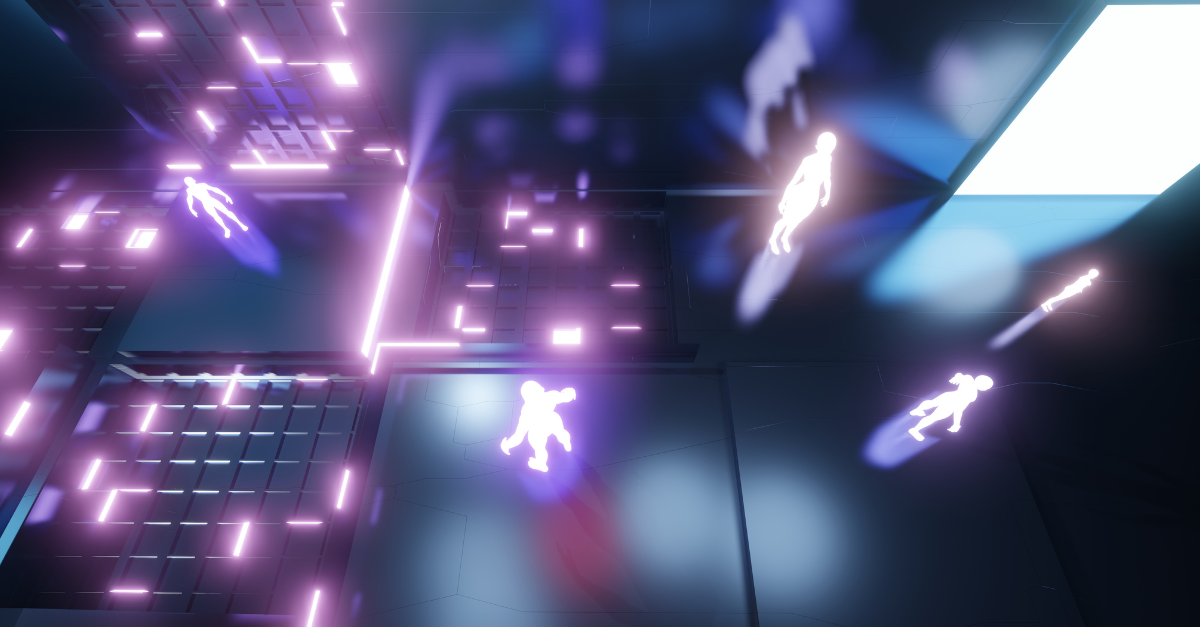 Visually dynamic scene with a central character surrounded by purple neon silhouettes and a high-tech backdrop