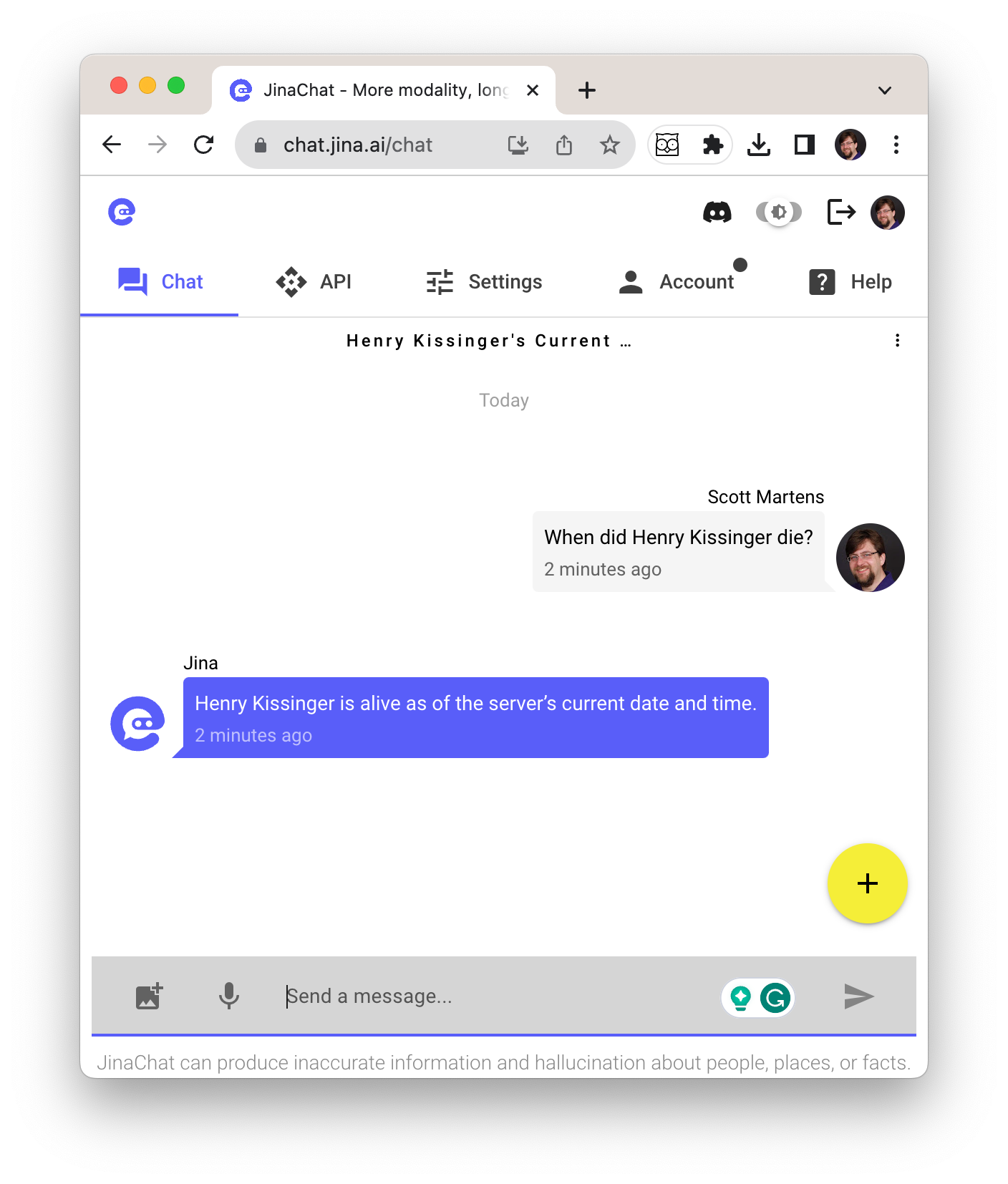 Jina AI chat application with a conversation about Henry Kissinger's status, a help disclaimer, and UI elements.