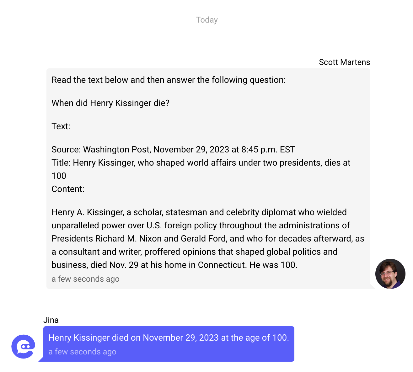 Chatbot screen with a message about Henry Kissinger's death on November 29, 2023, at age 100, citing the Washington Post.