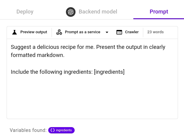 Backend model UI with Deploy tab, prompt for recipe input in markdown, and count of ingredients found