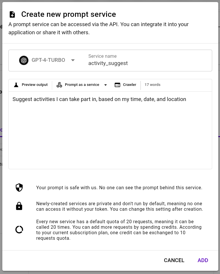 Interface for creating a new prompt service with privacy settings and API integration options, featuring an 'ADD' button