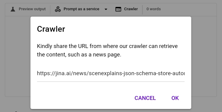 Web crawler interface with a URL input field, 'Crawler' heading, and 'OK' and 'Cancel' buttons