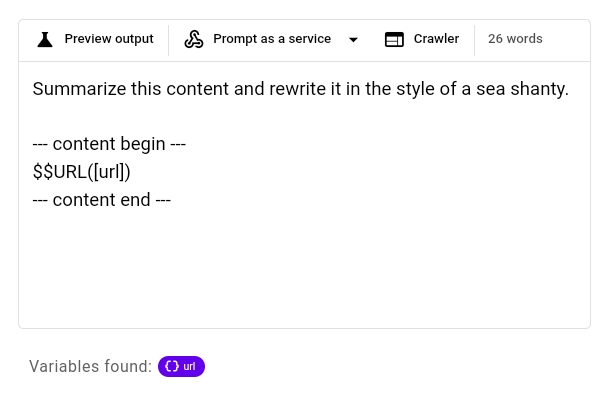 UI display of a text summarization tool asking to rewrite content in sea shanty style with variables highlighted