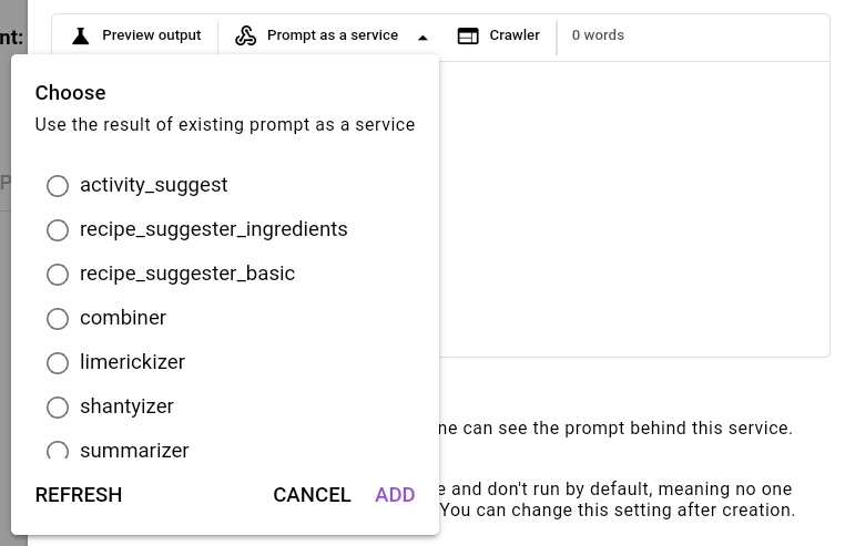 Screenshot of a service configuration interface with options for AI tasks such as activity and recipe suggestions, text generation, and summarization