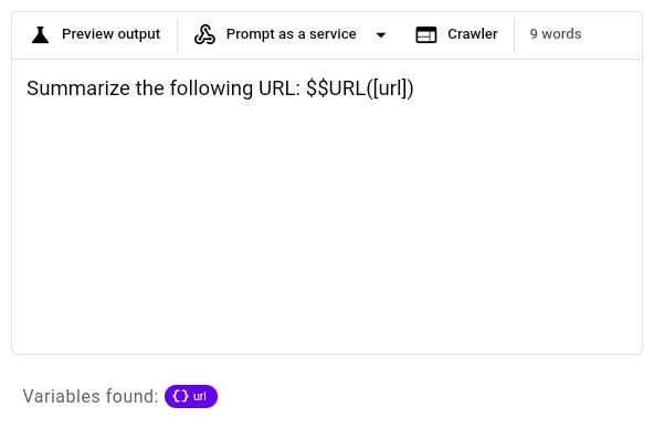 Screenshot of an interface with options to summarize URLs, preview output, and run a 'Crawler' service