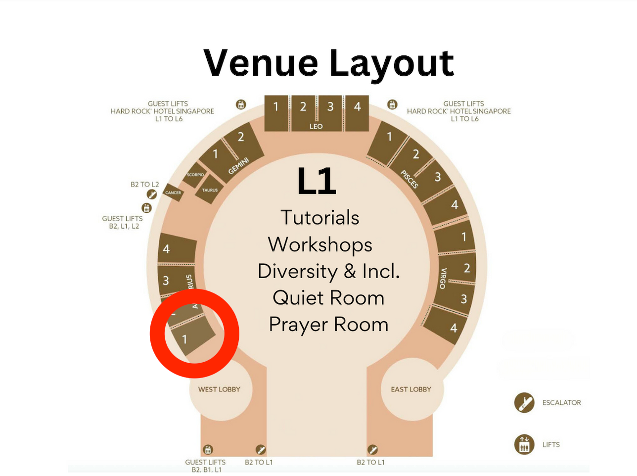 Detailed venue layout with labeled sections for tutorials, workshops, diversity, quiet and prayer rooms