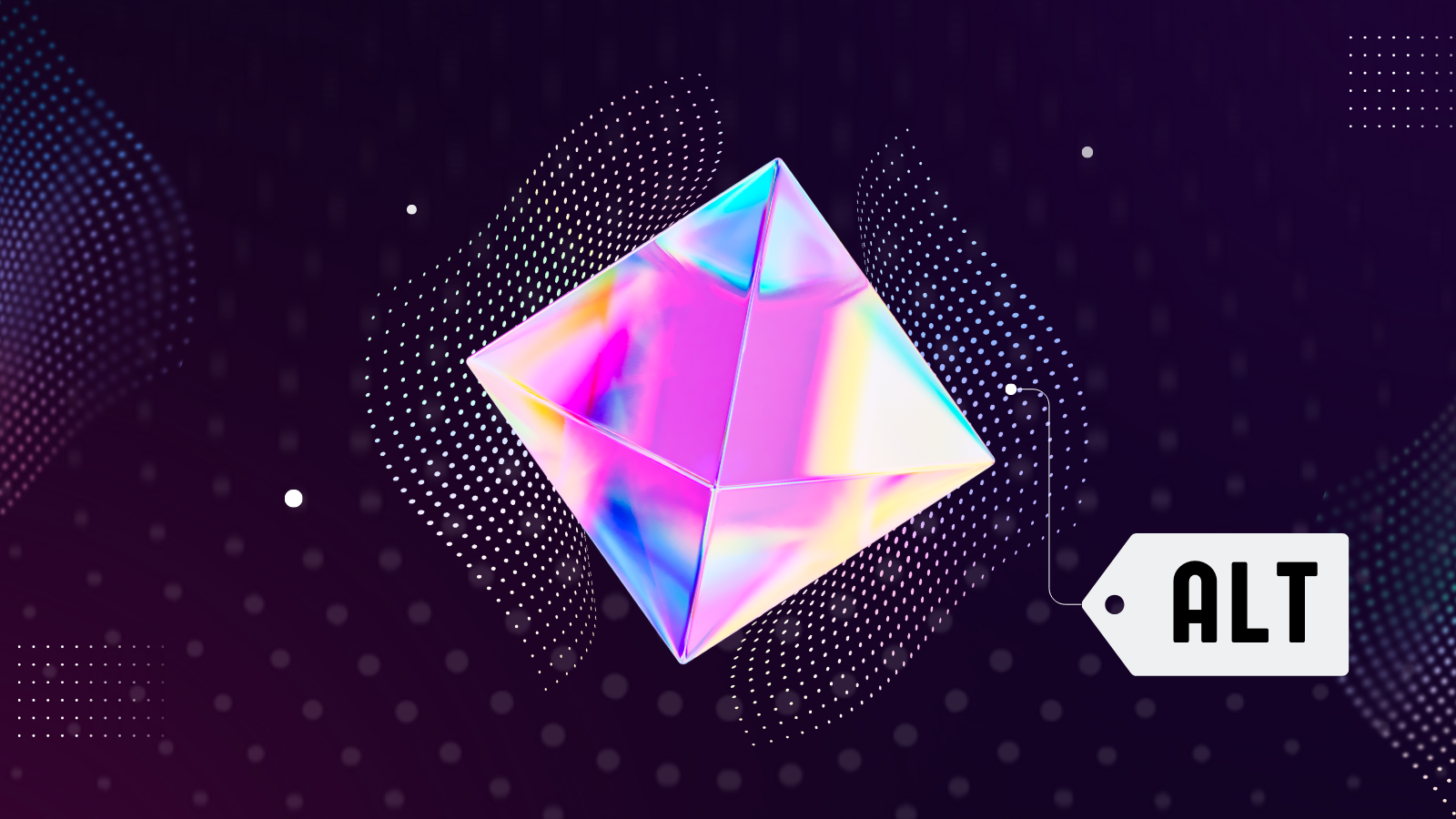 A striking, holographic diamond-shaped object with a gradient of pink and purple floats centrally against a black background