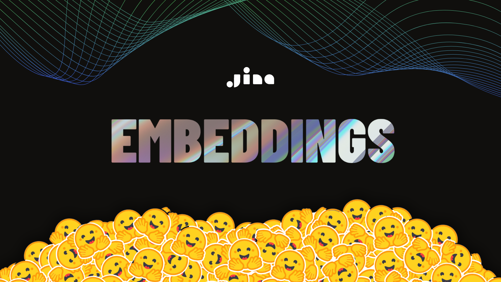 Colorful "EMBEDDINGS" text above a pile of yellow smileys on a black background with decorative lines at the top.