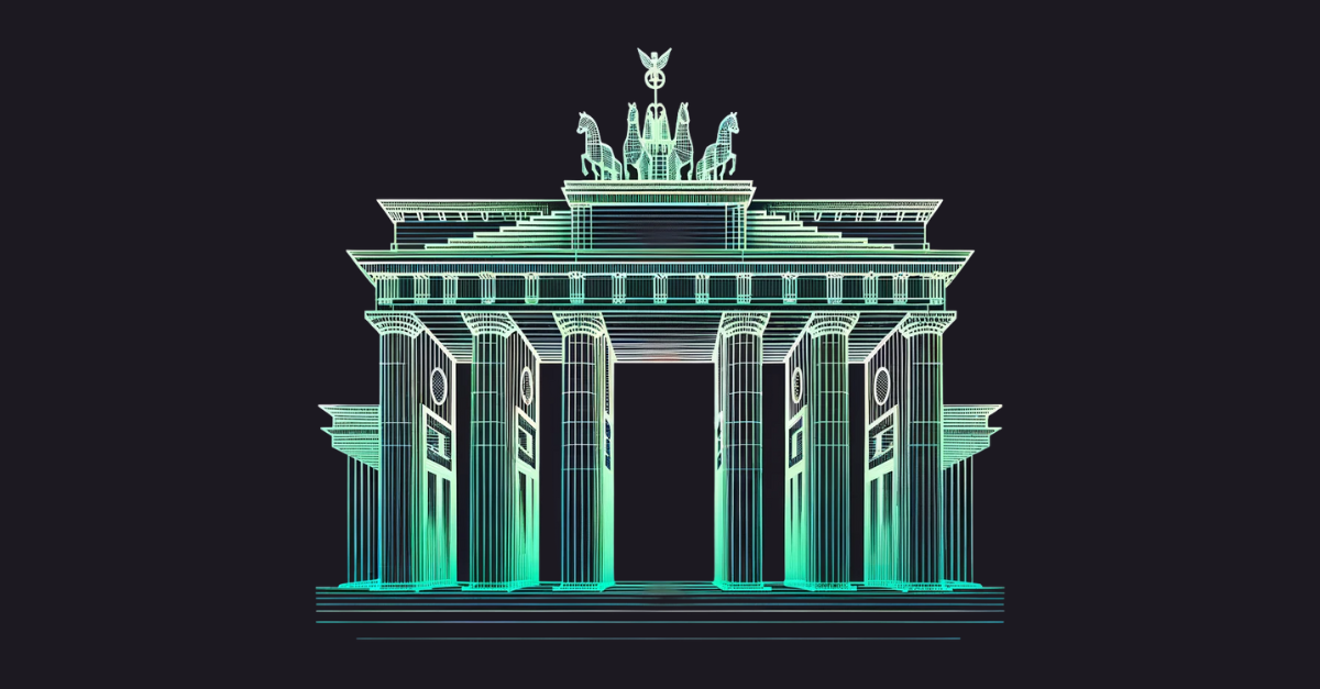 Illustration of Berlin's Brandenburg Gate in neon-style green and blue with classical design elements and a chariot sculpture