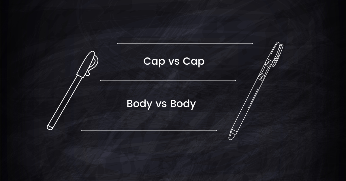 Illustrative comparison of two stylus pen caps and bodies with labeled sections on a black background