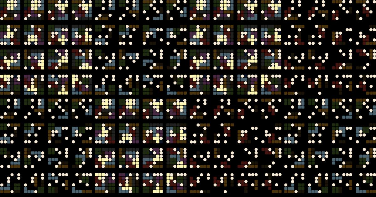 Colorful speckled grid pattern with a mix of small multicolored dots on a black background, creating a mosaic effect.