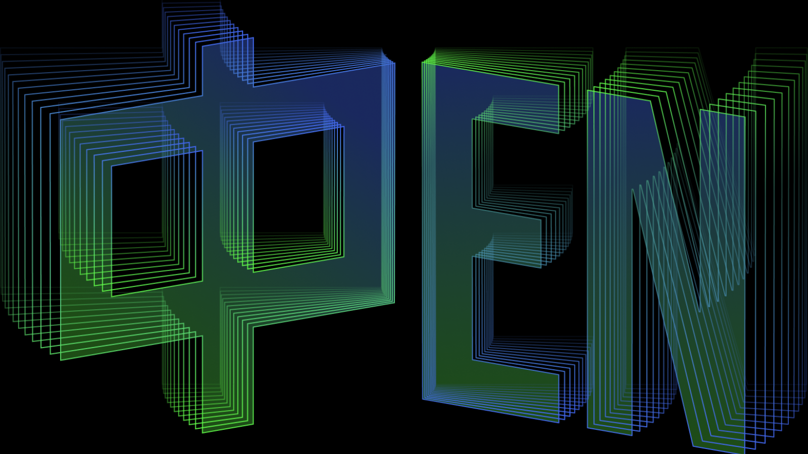 Colorful 3D text "OPEN" in green and blue on a black background creating a vibrant effect