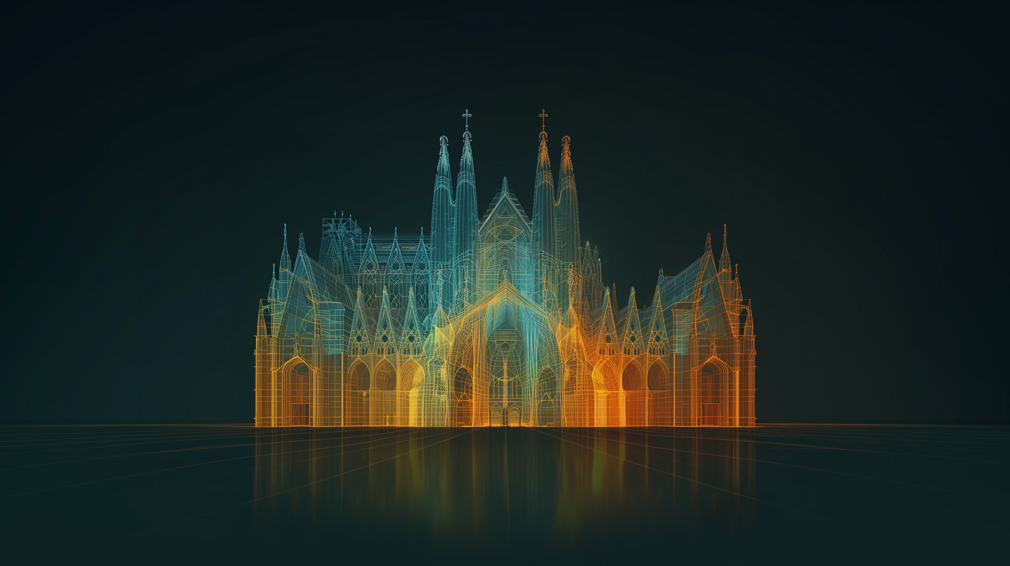 Digital wireframe rendering of a Gothic-style cathedral, with colorful outlines and pointed spires on a dark background.