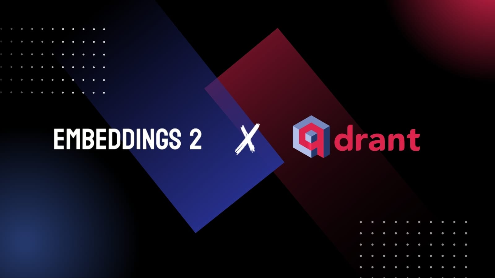 Promotional graphic with "EMBEDDINGS 2" and Drant logo separated by a red cross, symbolizing a partnership.