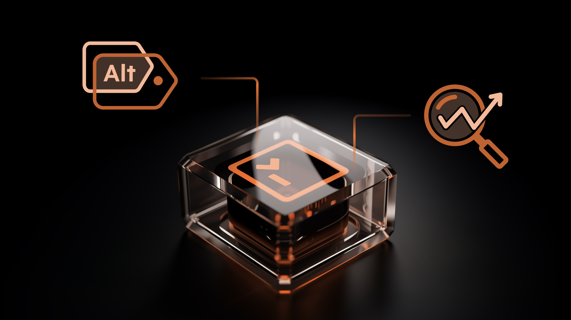 Futuristic transparent cube with a central chip and copper accents on a dark background, symbolizing cutting-edge technology.