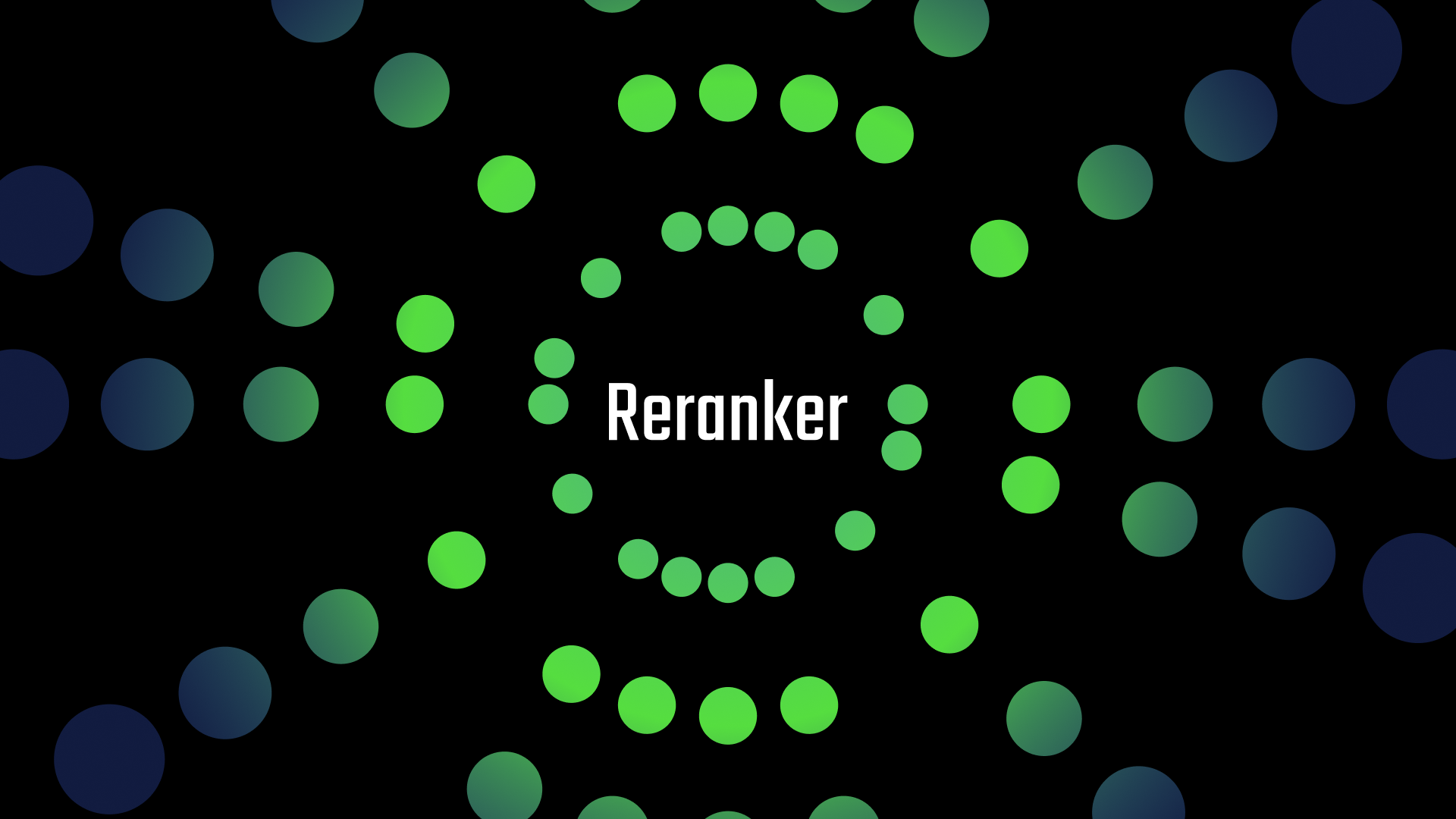 Abstract design with "Reranker" in white, centered on a black background, surrounded by green and blue dots forming circles.