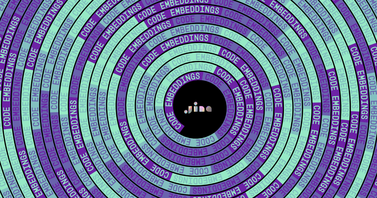 Abstract image with concentric circles in purple and green, featuring "jina" logo and repeated "code embeddings" text around 